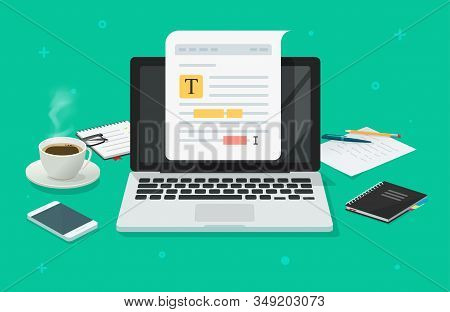 Text File Or Document Content Editing Online On Laptop Computer On Working Desk Table Vector Flat Ca