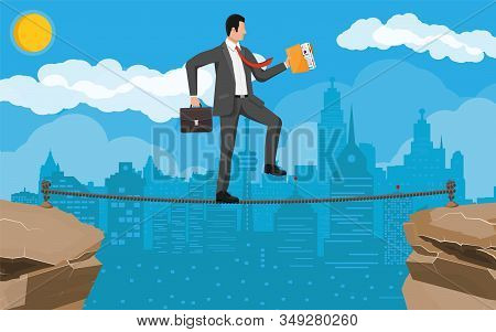 Businessman In Suit Walking On Rope With Suitcase And Folder. Business Man Walking On Tightrope Gap.