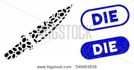 Mosaic Knife And Grunge Stamp Seals With Die Phrase. Mosaic Vector Knife Is Designed With Random Ell