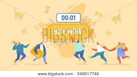 Happy People Doing Purchases Around Of Huge Button With Buy Now Inscription And Shopping Icons Flyin