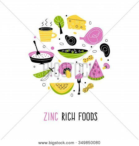 Zinc Rich Foods. Vector Flat Cartoon Illustration. Round Composition.