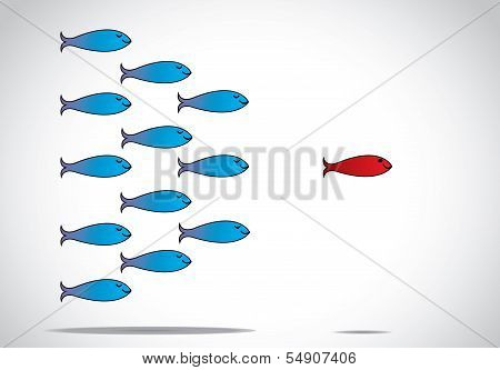 A Sharp Smart Alert Happy Red Fish With Open Eyes Leading A Group Of Happy Blue Fishes Closed eyes