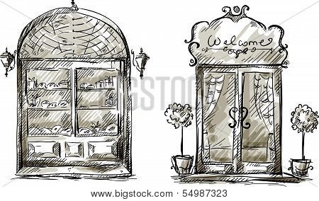 Shop-window and entrance door drawing, retro style