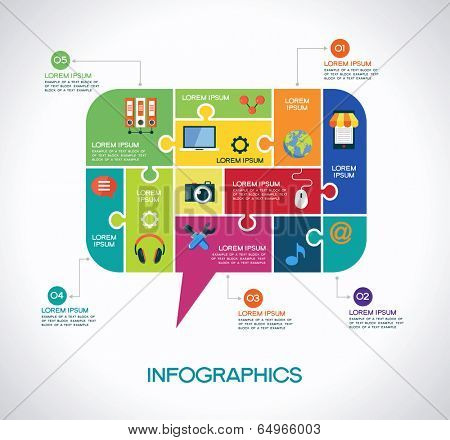 Network communication infographic Template with interface icons, puzzle, speech bubble and text. Network communication concept