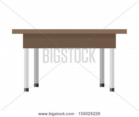 Wooden table in flat. Illustration of a classical brown wooden table with steel legs. Empty wooden deck table. Table icon. Isolated vector illustration on white background.