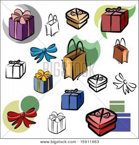 A set of vector icons of gifts in color, and black and white renderings.