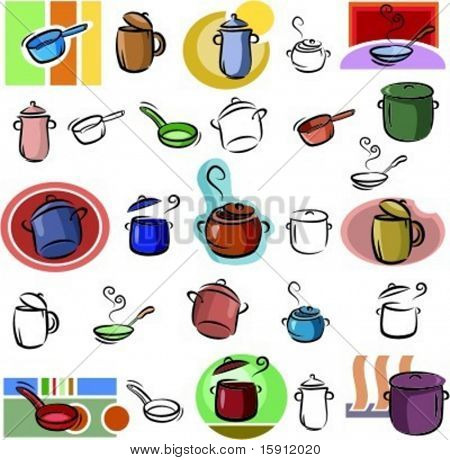 A set of pot and frying pan vector icons in color, and black and white renderings.