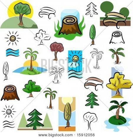 A set of tree and nature scene vector icons in color, and black and white renderings.