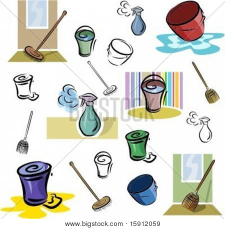 A set of vector icons of washing and cleaning tools in color, and black and white renderings.