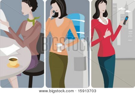 A set of 3 businesswomen vector illustrations. 1) A businesswoman reading a newspaper 2) A businesswoman speaking on a mobile phone and drinking water 3) A businesswoman speaking on a mobile phone