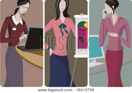 A set of 3 businesswomen vector illustrations. 1) A businesswoman working on a computer.  2) A businesswoman making a business presentation. 3) A businesswoman speaking on a mobile phone.