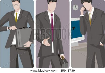 A set of 3 businessmen vector illustrations. 1) A businessman going to a business meeting and holding a suitcase 2) A businessman at a business meeting 3) A businessman speaking on a mobile phone