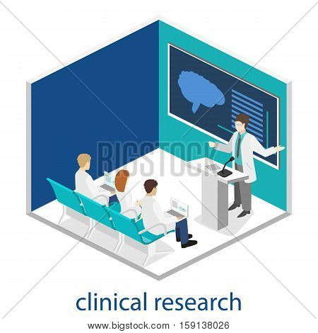 Isometric Flat 3D Concept Vector Of Conference Medical Doctor Clinic Research Training. Isometry Peo