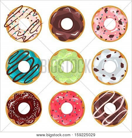 Collection of glazed colored donuts vector with icing sprinkles. Donut set with sprinkles isolated tasty cream doughnut. Pastry snack cake breakfast donut food bakery sugar chocolate delicious.