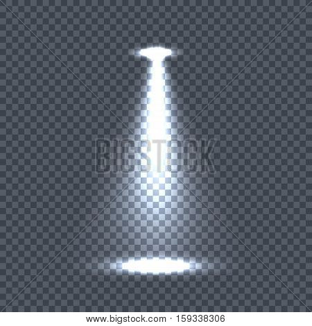 Illumination with bright light effects on transparent plaid background. Lighting with spotlights. Scene stage disco spotlight lights. Projectors light sources. Glowing glitter. Bright sparkle. Vector