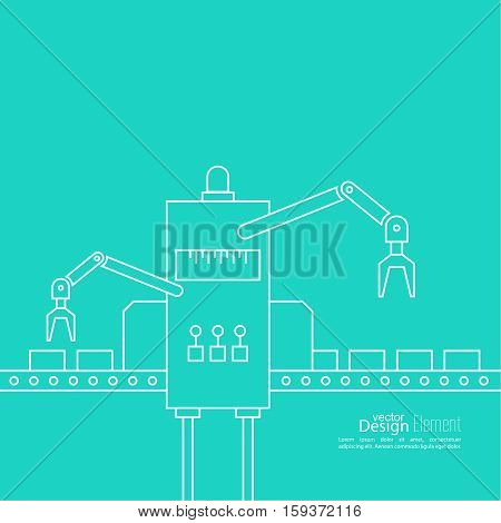 Thin Line Art Design. Linear vector and elements.  Concept Production line, Assembly, development, robotic automatic conveyor manufacture.