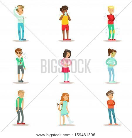 Sick Children Feeling Unwell Suffering From Sickness Or Injury Needing Healthcare Medical Help Set Of Cartoon Characters. Kids With Health Damage Or Illness Showing The Symptoms Vector Illustrations.