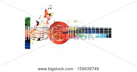 Colorful guitar with music notes vector illustration. Music background. Music instrument poster. Guitar design with g-clef for music event. Treble clef and music notes, musical symbols with guitar