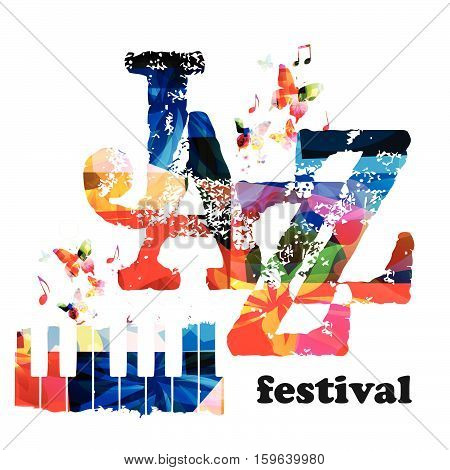 Colorful piano keys vector illustration, music instrument background with music notes. Jazz festival inscription. Jazz music concert poster. Jazz music lettering. Typographic music event invitation