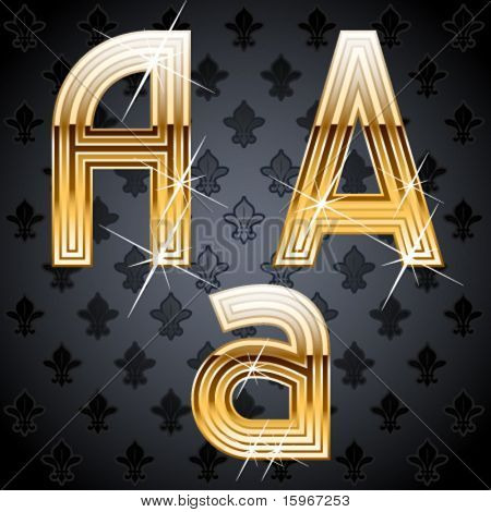 Shiny golden alphabet on a chic victorian background. Character a