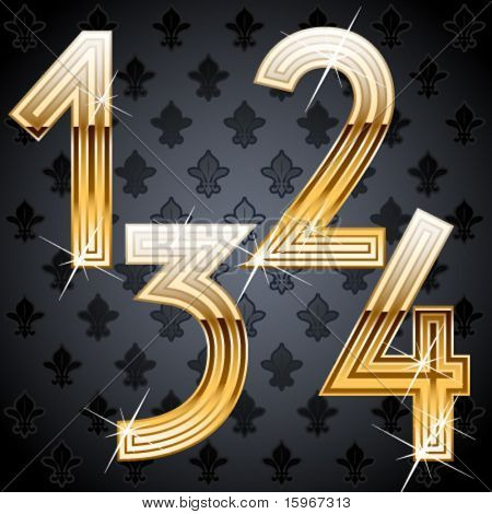 Shiny golden alphabet on a chic victorian background. Characters 1 2 3 4