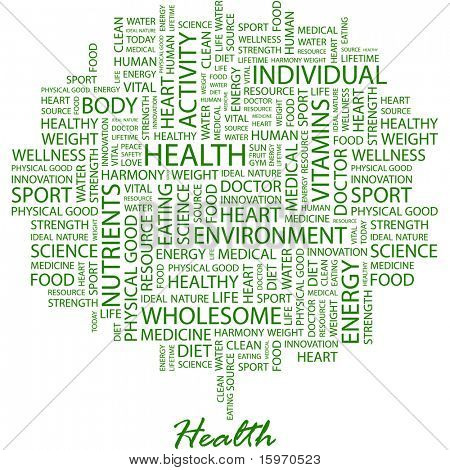 HEALTH. Word collage on white background. Vector illustration. Illustration with different association terms.