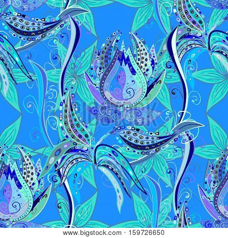 Abstract Seamless Watercolor Hand Painted Background. Isolated Blue Flowers And Leafs. Vector Illust