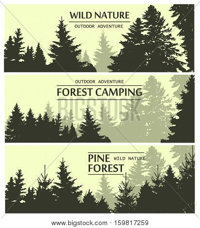 Fir trees silhouette banners. Pine plant wood branch natural forest silhouette. Trunk environment deciduous pine trees silhouette vector. Forest logo growth seasonal. Vintage forest design template.