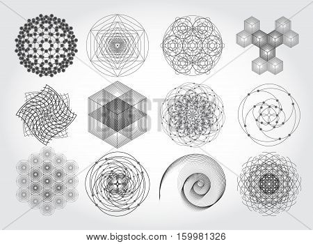 Sacred geometry symbols and elements set. 12 in 1.  Cosmic, universe, big bang, alchemy, religion, philosophy, astrology, science, physics, chemistry and spirituality themes. Matter, space, time.