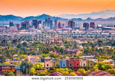 Phoenix, Arizona, USA downtown cityscape at dusk.