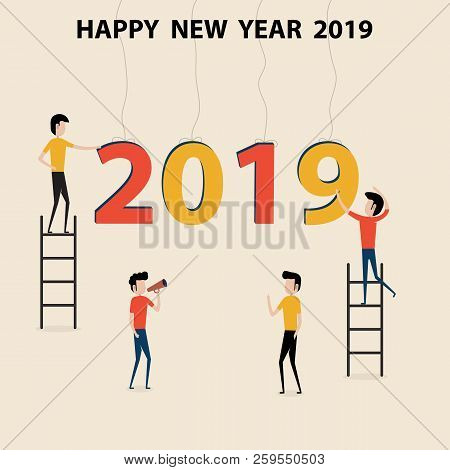 Business People Cartoon Character & Happy New Year 2019 Concept.happy New Year 2019.2019 Happy New Y