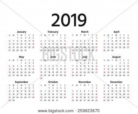 2019 Calendar. Vector. Week Starts Sunday In Minimal Simple Style. Stationery 2019 Year Horizontal T