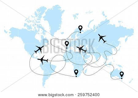 Airplane Line Path Vector Icons Of Air Plane Flight Routes With Start Points And Dash Line Traces. A