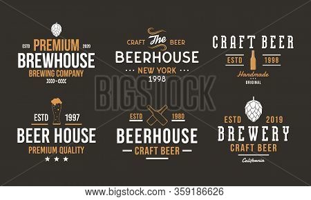 Beer, Pub And Bar Retro Logo Set. Craft Beer Logo, Poster Design With Brew Hop, Beer Bottles. Vintag