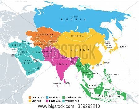 Main Regions Of Asia. Political Map With Single Countries. Colored Subregions Of The Asian Continent