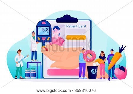 Diabetes, Blood Sugar Glucose Test. Diseases, Diagnosis And Treatment Of Diabetic. Vector People Cha