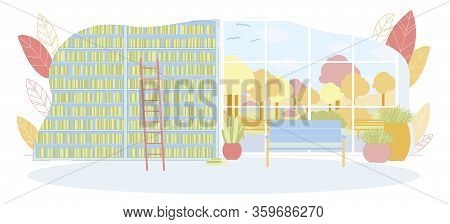 University Wall With Bookcase Interior. Stack Of Books On Shelf, Bench, Plant Pot, Ladder Near Books