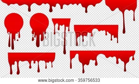 Dripping Blood. Red Stain Paint. Flow Drops, Fluid Stripes Background. Bloody Current Or Sauce Stain