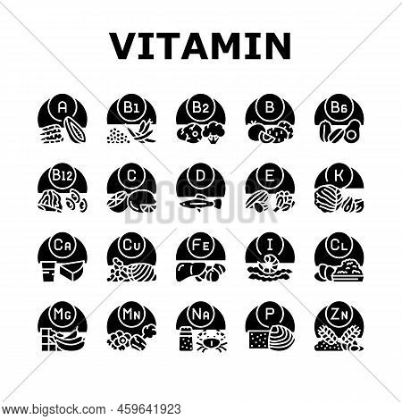 Vitamin Mineral Medical Complex Icons Set Vector. Healthy Vitamin C And A, Healthcare Extract With C