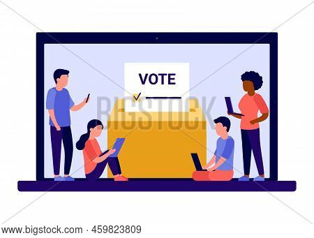 Online Voting Concept With Computer Screen, Electronic Vote Campaign On Election. Voting Box And Vot