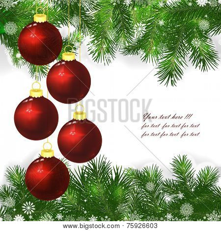 Christmas background with Christmas balls and green branches of Christmas tree.