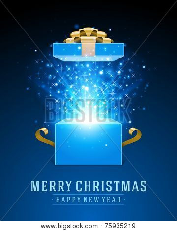 Open gift and light fireworks christmas vector background. Merry Christmas and Happy New Year message.