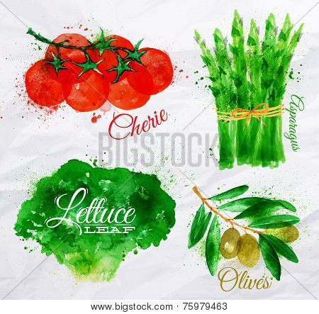 Vegetables watercolor lettuce, cherry tomatoes, asparagus, olives