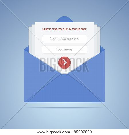 Blue envelope with subscription form in flat style for email mar