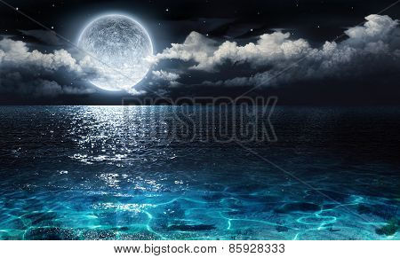 romantic and scenic panorama with full moon on sea to night