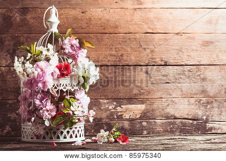 Bird cage with wooden heart