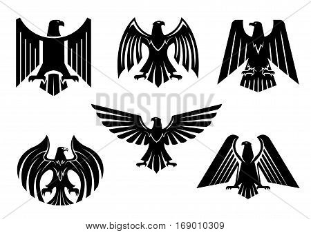 Black heraldic eagle icons set or vulture bird isolated emblem. Royal imperial of gothic predatory griffin badge. Vector blazon or coat of arms with hawk or falcon symbol of power with spread wings, sharp clutches. Military heraldry sign