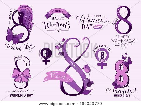 Vector illustration of set 8 march womens day wishes template, badges, icons and design elements with lettering typography word text sign, rose flower, butterfly, girl face, lips isolated on white