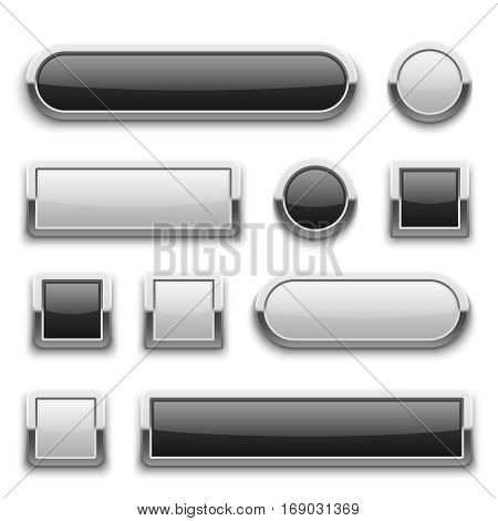 White and black 3d technology buttons with shiny silver chrome metal frame. vector set. Template of empty buttons, illustration of metal frame button for web design