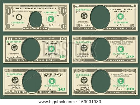 Dollar currency notes vector money. Templates of dollar notes with space for presidents, illustration american dollars